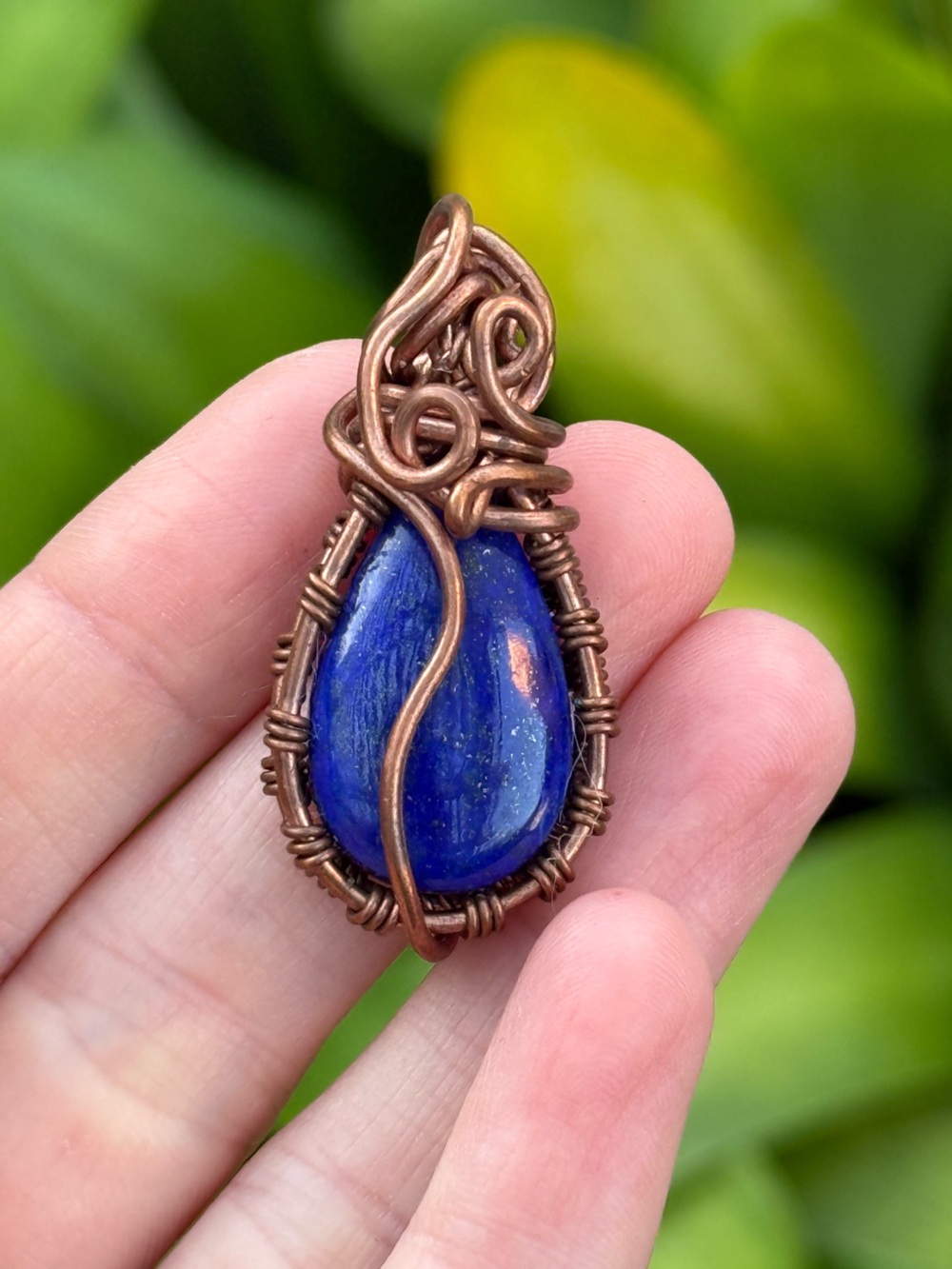 Handcrafted Copper Wire Wrapped Lapis Lazuli Teardrop Pendant - Blue